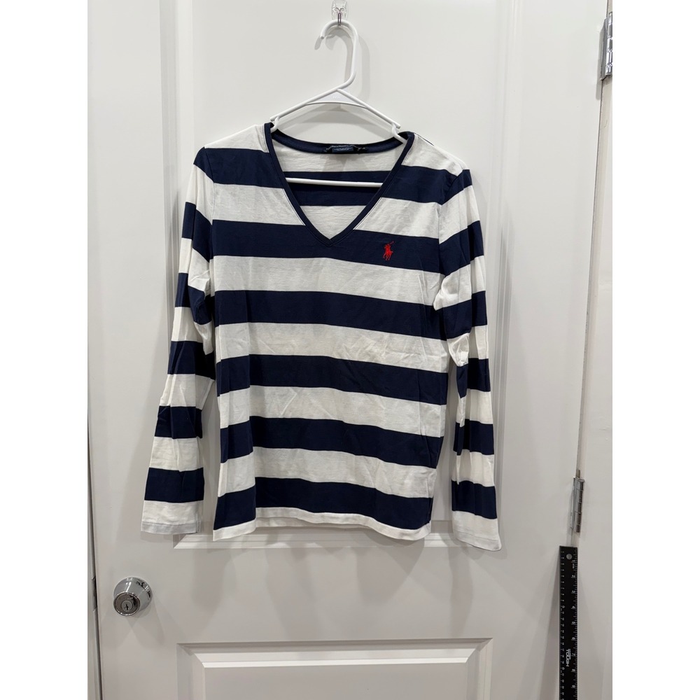 Ralph Lauren Sport Womens Pima Cotton Striped V-Neck Long Sleeve Tee Navy M